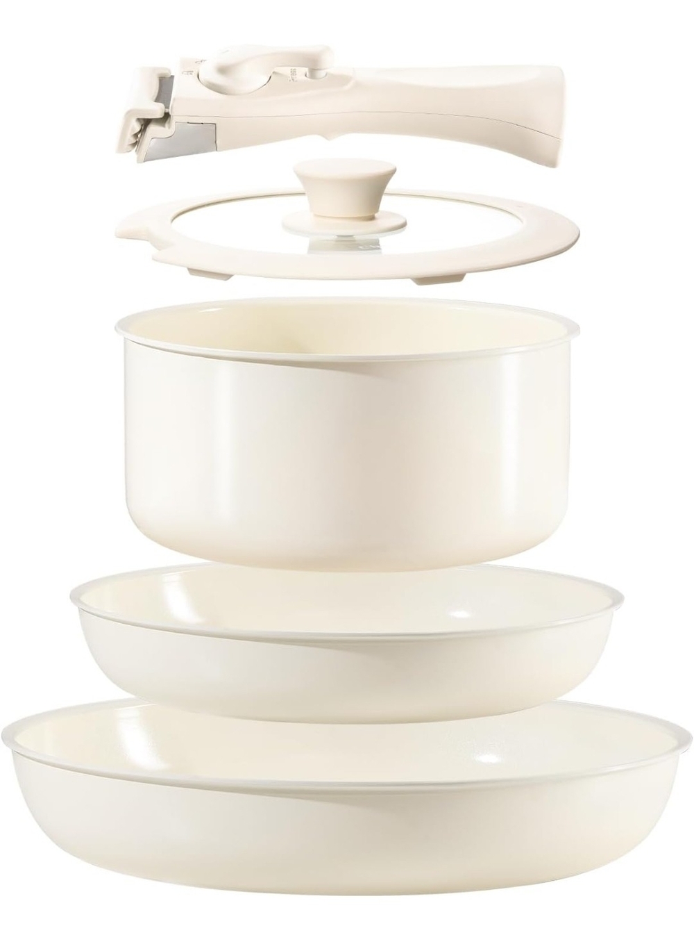 Chef Power Ceramic Nonstick Pot and Pan Set with Detachable Handle - Cream White